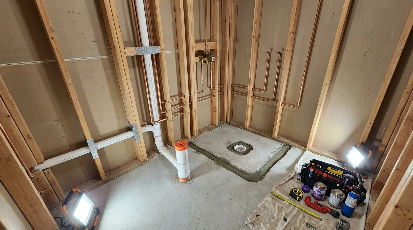 Bathroom rough-in plumbing during remodel by Johns Plumbing LLC in Jonesville
