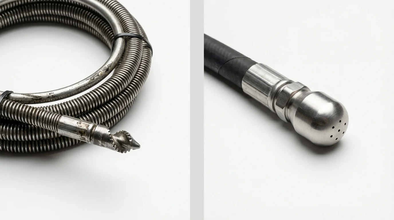 Drain snake cable and hydro jetting nozzle used for drain cleaning in Jonesville, LA