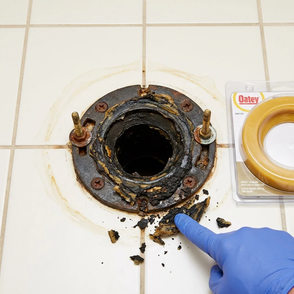 Failed wax ring showing water seepage at the base of a toilet in a Jonesville, LA home