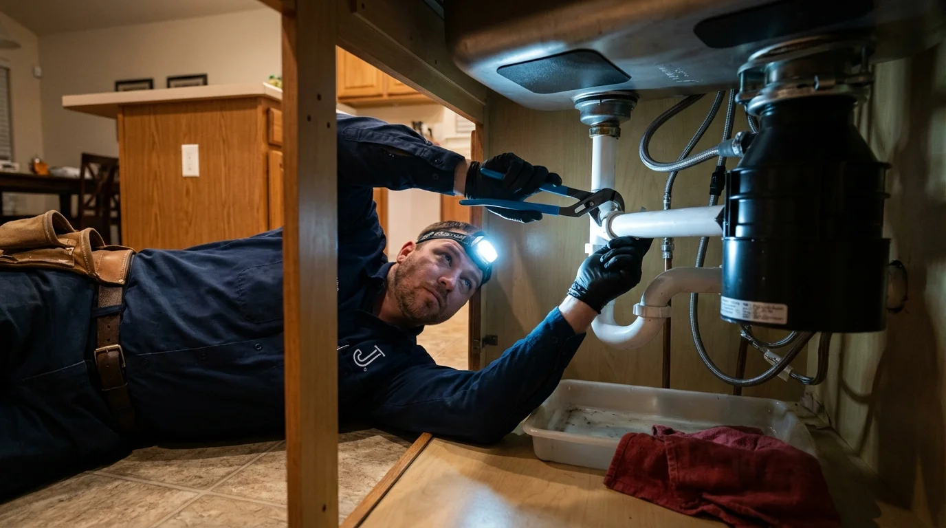 P-trap and supply line connections under a kitchen sink showing a common leak point in Jonesville, LA